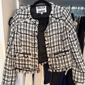 Walter Baker Women Baca Jacket Size XS Beige Tweed Fringe Trim Faux Leather